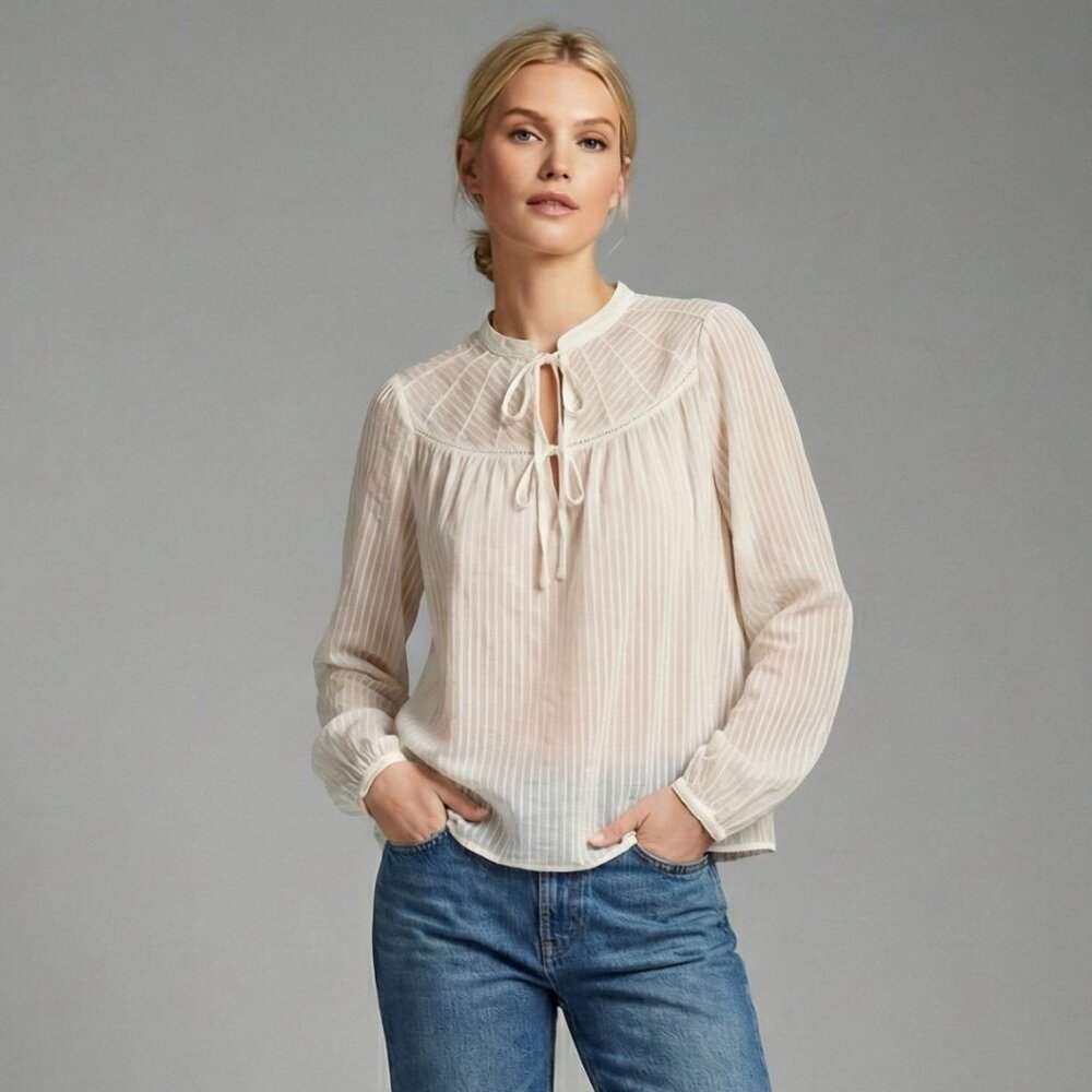 Boho Y2K Resortwear Cotton White Cream Sheer Romantic Long Sleeve Blouse Size M